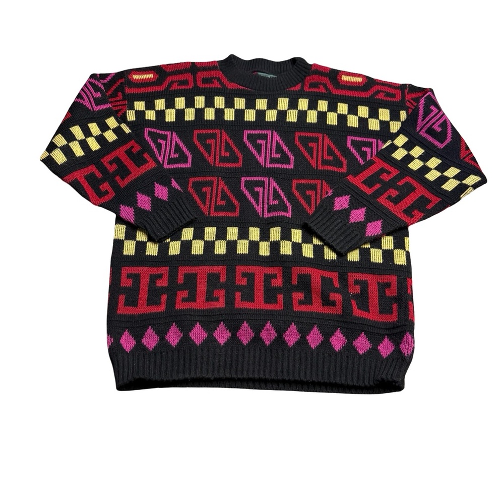 ✨🧡 Cabin Creek Vintage Neon Geometric Graphic Knit Sweater‎ Black M 🧡✨